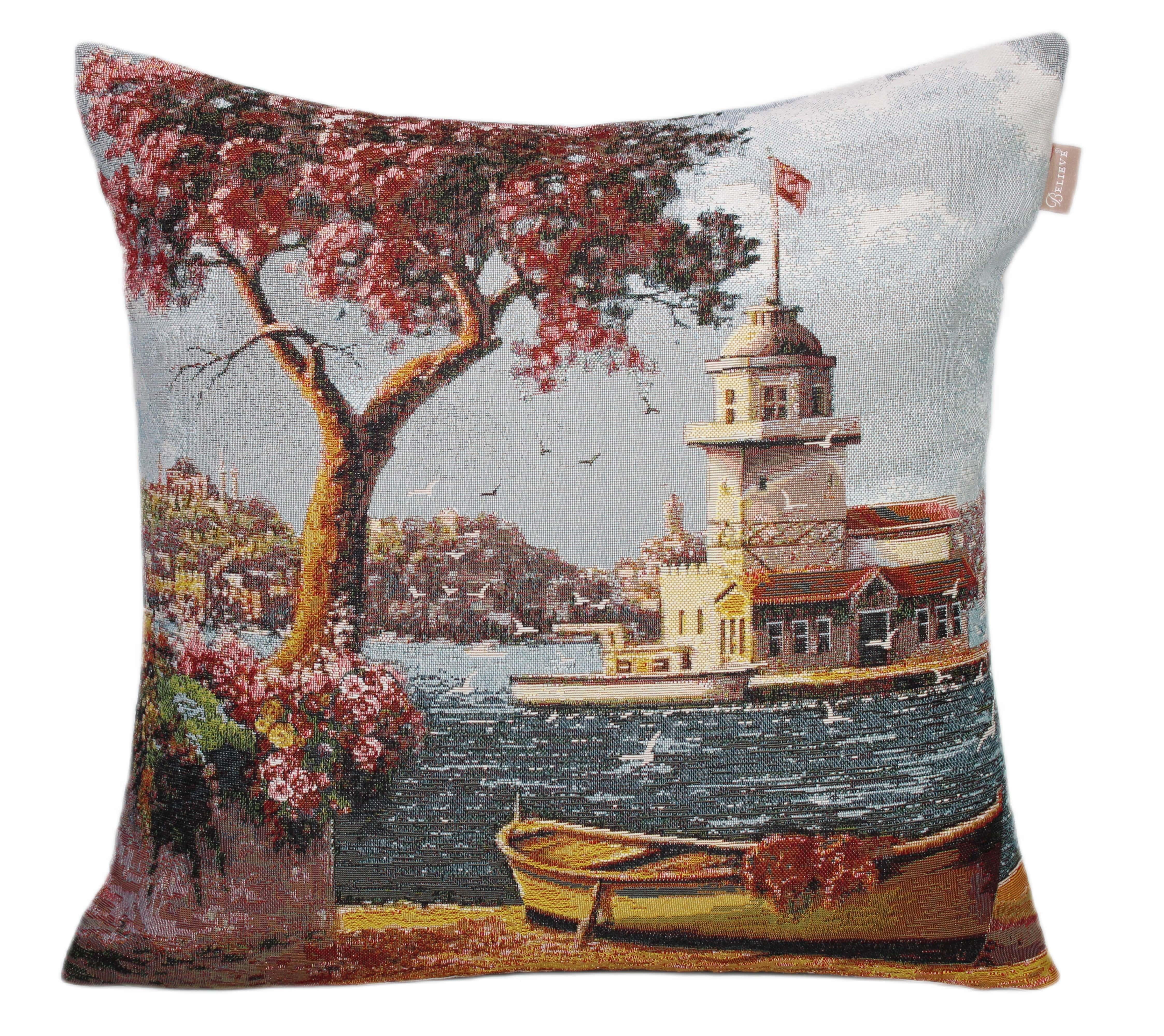 BELIEVE KIZ KULESİ JAKARLI DOKUMA GOBLEN  DEKORATİF İSTANBUL MANZARALI  KIRLENT KILIFI 45*45