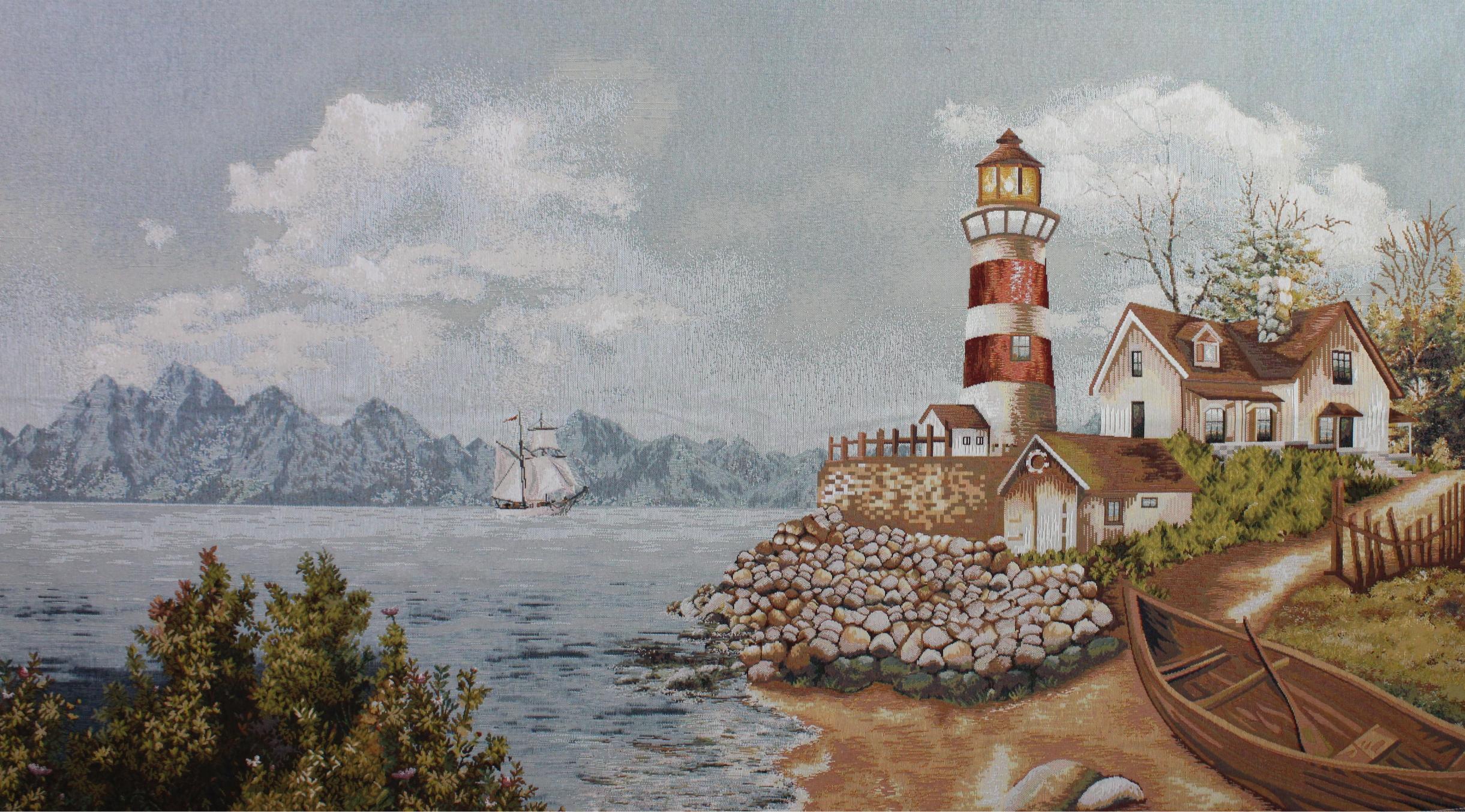 BELIEVE LİGHTHOUSE JAKARLI DOKUMA GOBLEN DEKORATİF ÇERÇEVESİZ PANO TABLO 70*140