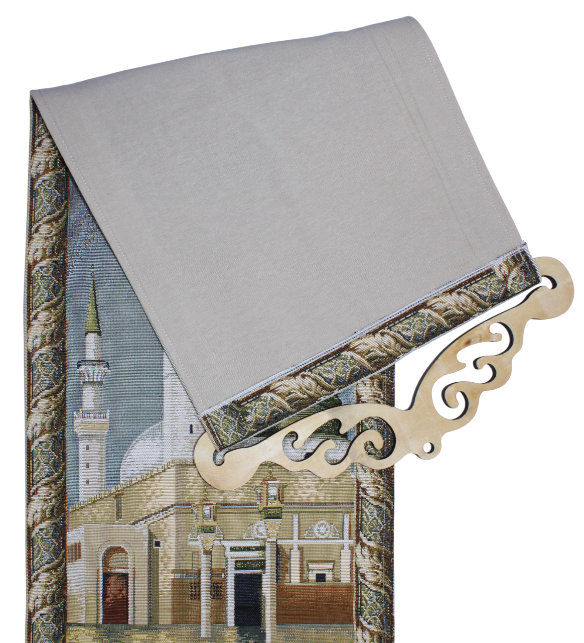 BELIEVE MEDİNE YEŞİL KUBBE AHŞAP ASKILI PÜSKÜLLÜ  JAKARLI DOKUMA GOBLEN DEKORATİF PANO TABLO 30*105