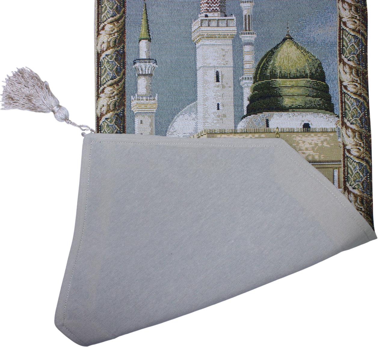 BELIEVE MEDİNE YEŞİL KUBBE AHŞAP ASKILI PÜSKÜLLÜ  JAKARLI DOKUMA GOBLEN DEKORATİF PANO TABLO 30*105