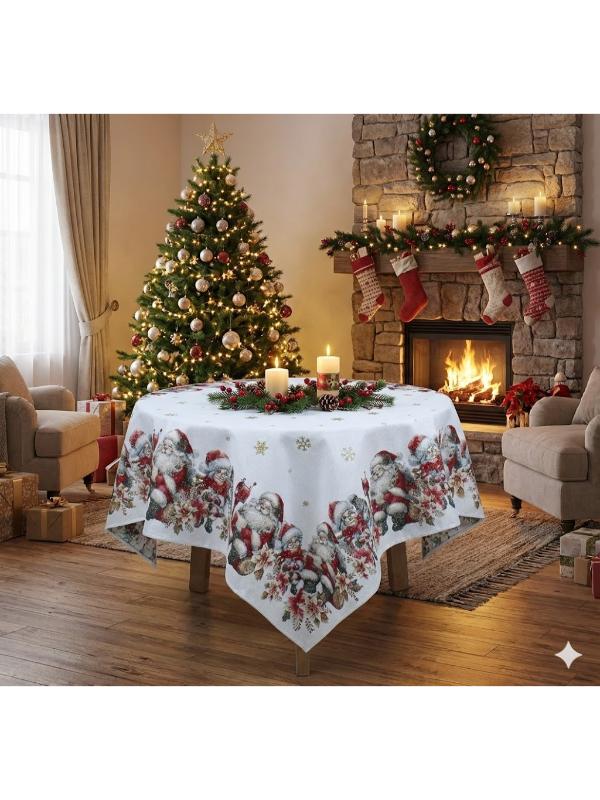 BELİEVE NOEL ANNE BABA JAKARLI DOKUMA GOBLEN  DEKORATİF YILBAŞI SİMLİ 140*135 MASA ÖRTÜSÜ
