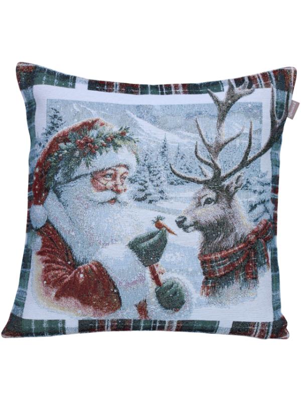 BELIEVE NOEL BABA GEYİKLİ EKOSELİ ÇERÇEVELİ  JAKARLI DOKUMA GOBLEN DEKORATİF SİMLİ  KIRLENT 45*45