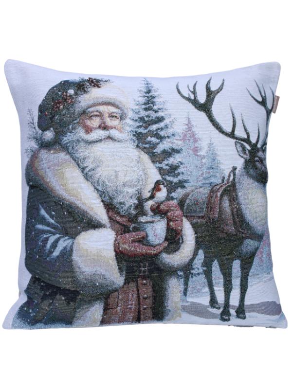 BELIEVE NOEL BABA KAHVELİ KUŞLU JAKARLI DOKUMA GOBLEN DEKORATİF SİMLİ YILBAŞI KIRLENT 45*45