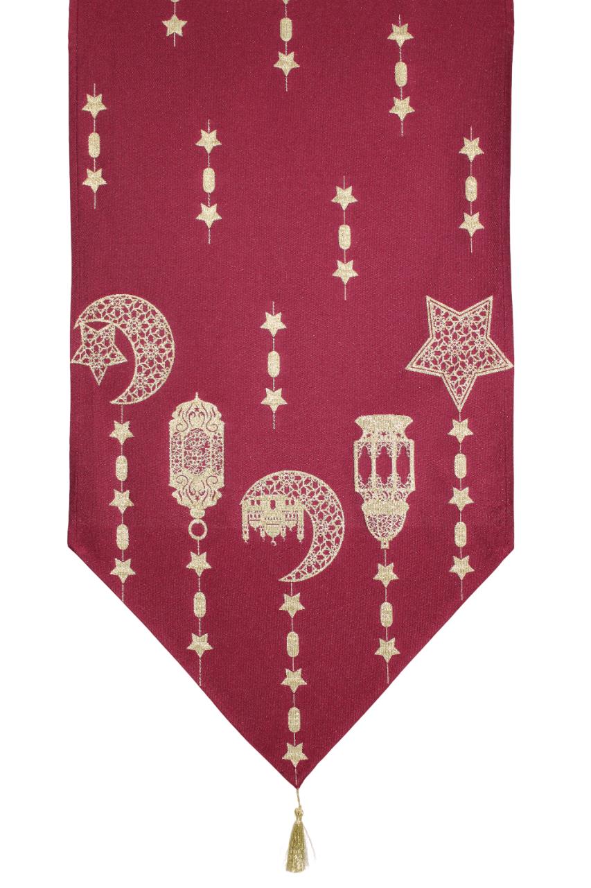 BELIEVE RAMAZAN FENER JAKARLI DOKUMA GOBLEN  DEKORATİF KIRMIZI  SİMLİ PÜSKÜLLÜ RUNNER 40*140