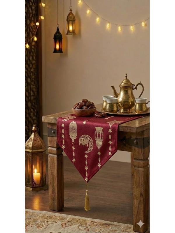 BELIEVE RAMAZAN FENER JAKARLI DOKUMA GOBLEN  DEKORATİF KIRMIZI  SİMLİ PÜSKÜLLÜ RUNNER 40*140