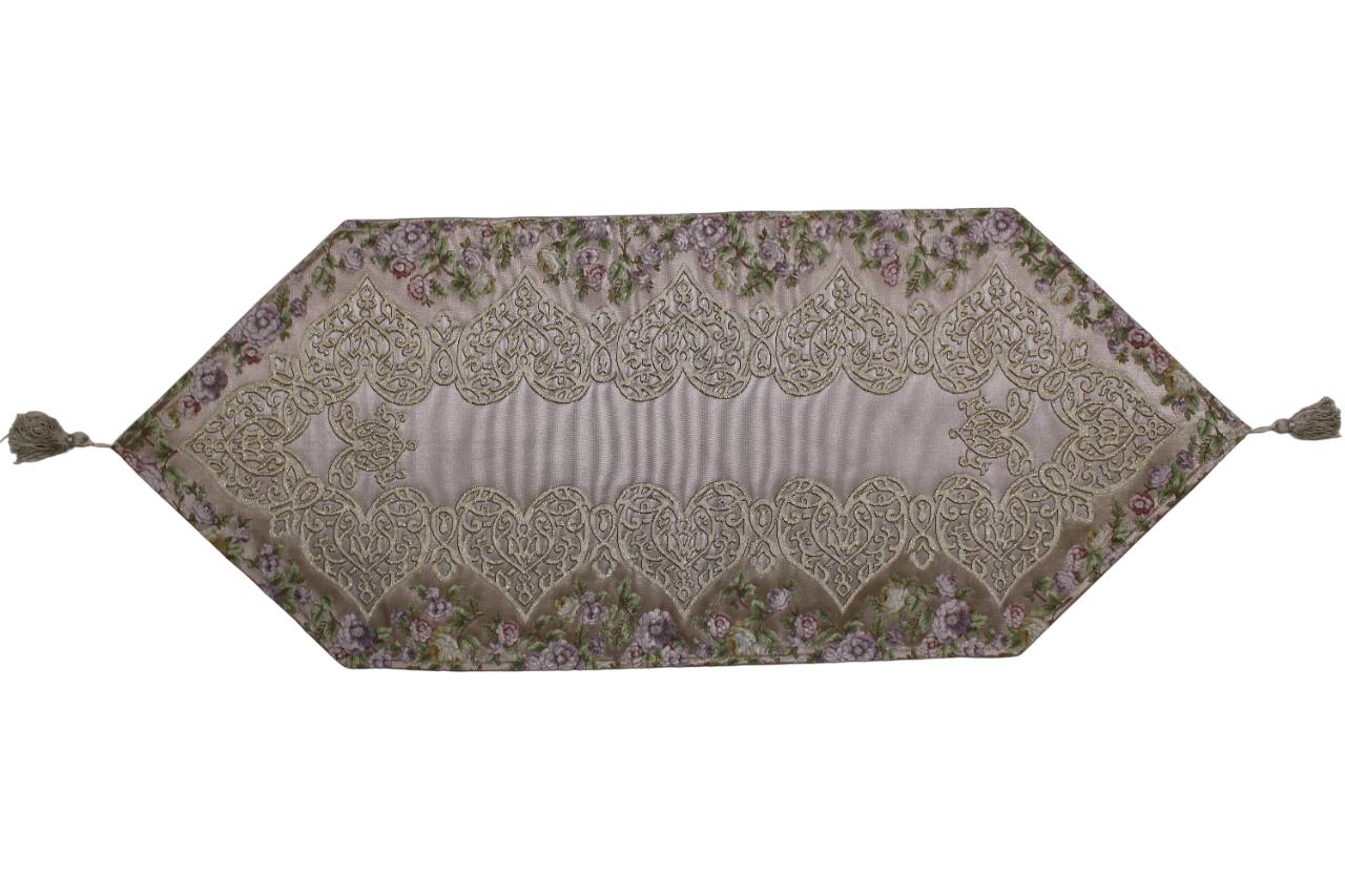 BELİEVE SUEDA JAKARLI DOKUMA SİMLİ PARLAK KABARIK SATEN İPEK  GÖRÜNÜMLÜ  DEKORATİF RUNNER 45*110  BEJ-BEJ