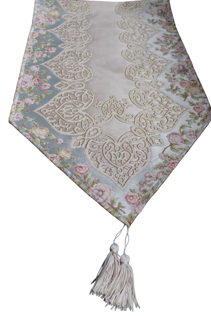 BELİEVE SUEDA JAKARLI DOKUMA SİMLİ PARLAK KABARIK  SATEN İPEK GÖRÜNÜMLÜ DEKORATİF  RUNNER 45*110  MAVİ-BEJ