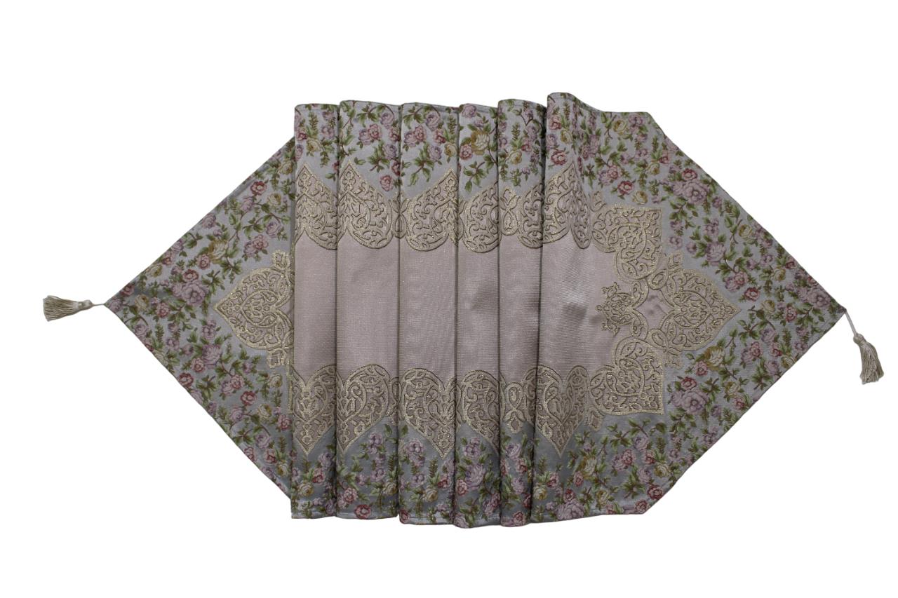 BELİEVE SUEDA JAKARLI DOKUMA SİMLİ PARLAK KABARIK SATEN İPEK GÖRÜNÜMLÜ DEKORATİF RUNNER 65*170  MAVİ-BEJ