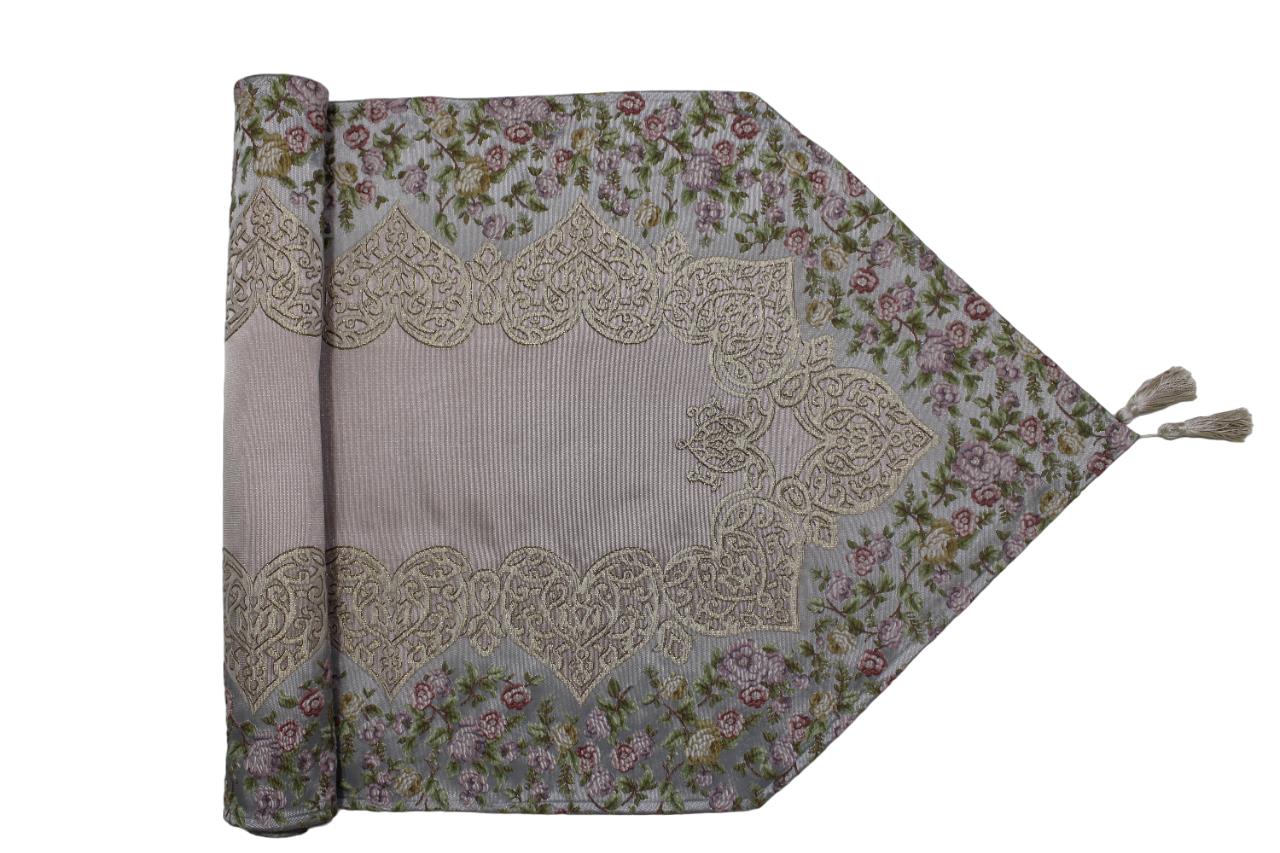 BELİEVE SUEDA JAKARLI DOKUMA SİMLİ PARLAK KABARIK SATEN İPEK GÖRÜNÜMLÜ DEKORATİF RUNNER 65*170  MAVİ-BEJ