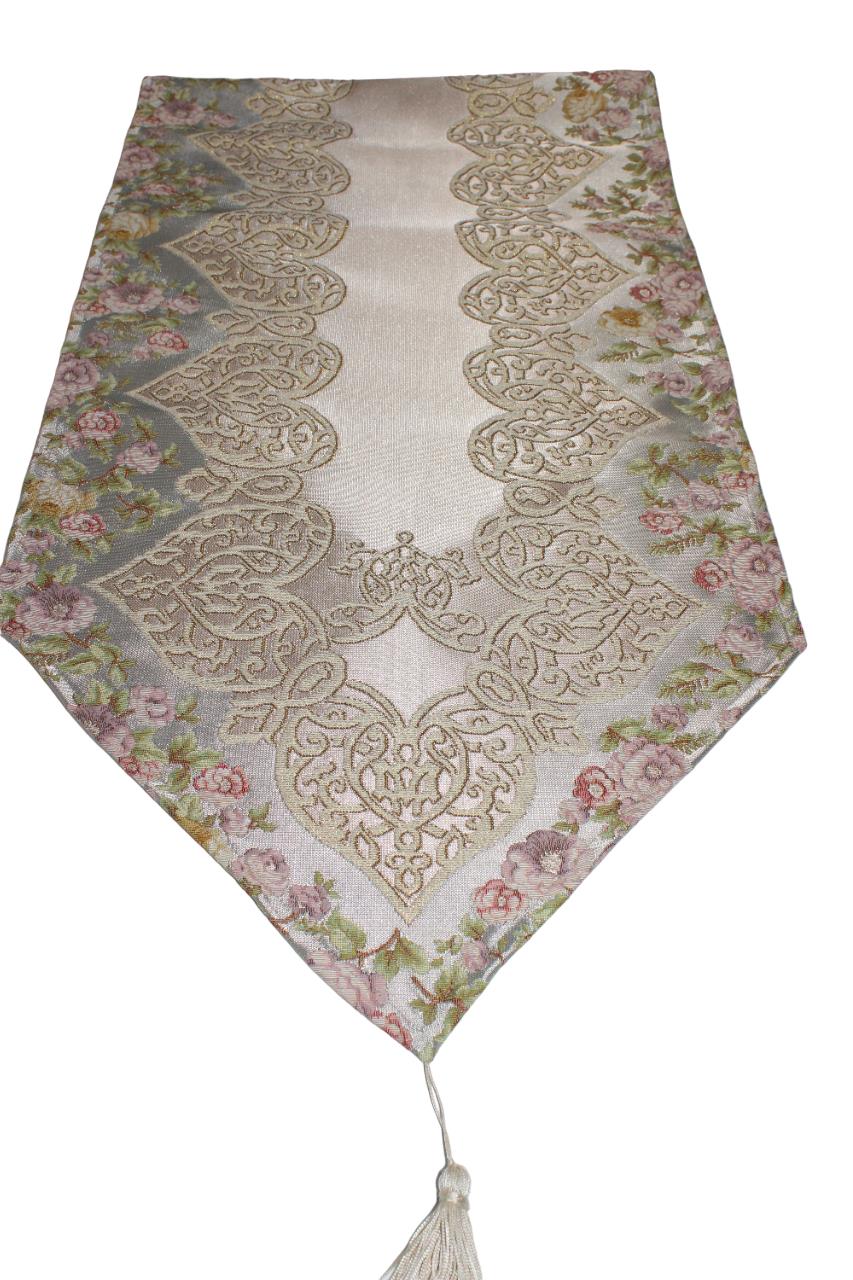 BELİEVE SUEDA JAKARLI DOKUMA SİMLİ PARLAK KABARIK SATEN İPEK GÖRÜNÜMLÜ DEKORATİF RUNNER 65*170  MAVİ-BEJ