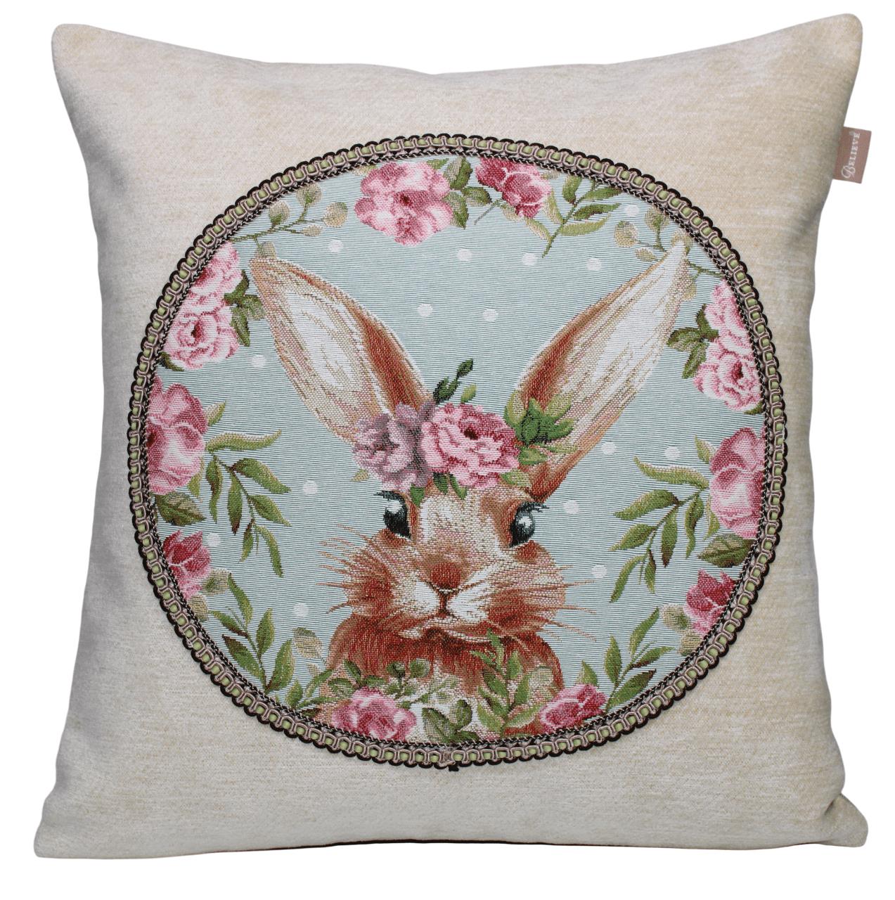 BBELIEVE TAVŞANLI JAKARLI DOKUMA GOBLEN   ŞÖNİL  DEKORATİF BEJ KIRLENT KILIFI  45*45