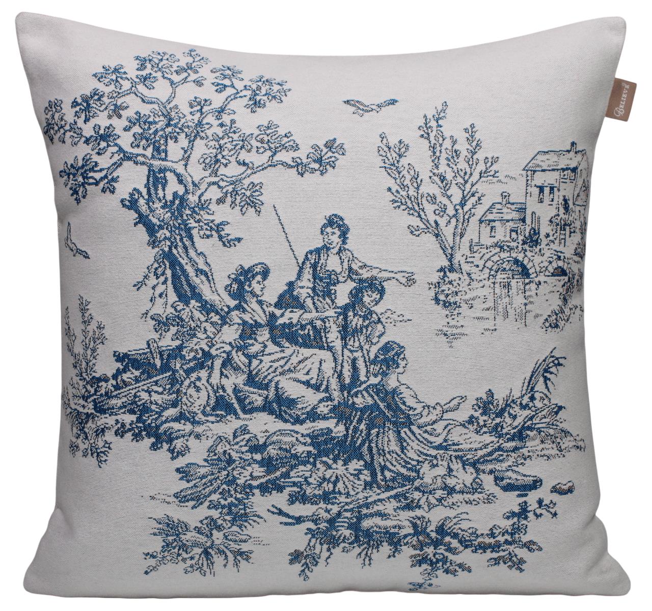 BELIEVE TOILE MANDYJAKARLI DOKUMA GOBLEN   DEKORATİF FRANSIZ KÖYLÜLERİ MAVİ  KIRLENT KILIFI 45*45