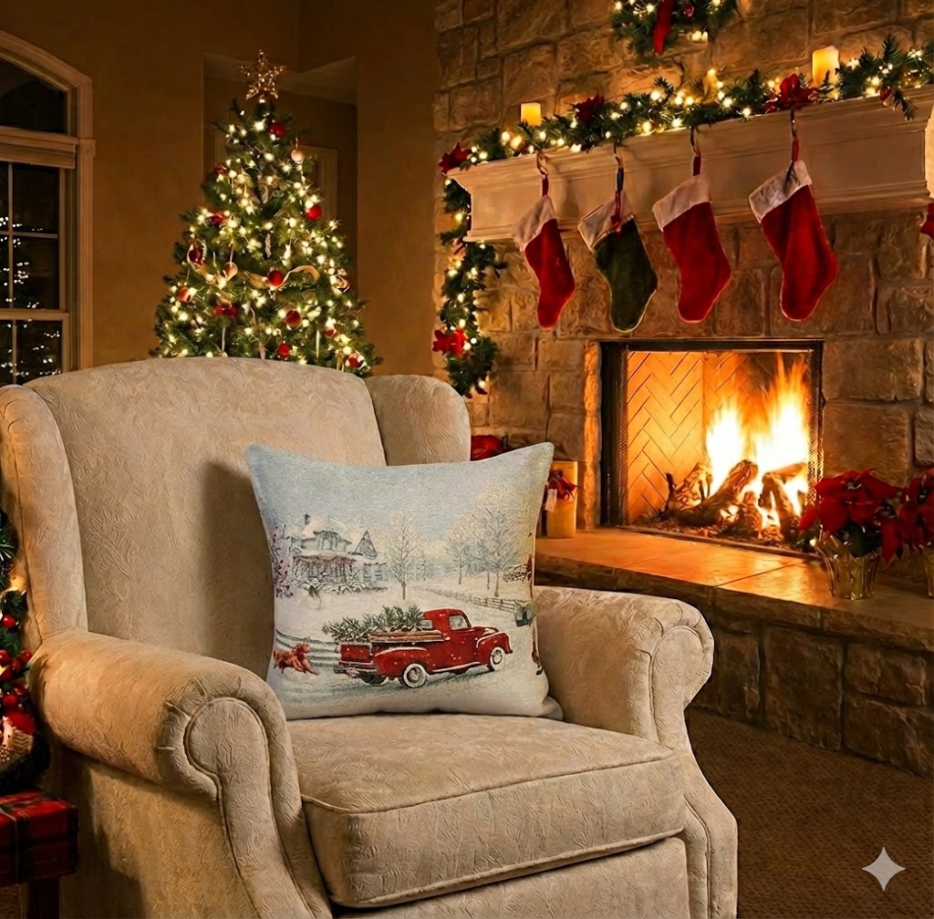 BELIEVE VİNTAGE KIRMIZI KAMYONET KAR MANZARASI JAKARLI DOKUMA GOBLEN DEKORATİF YILBAŞI SİMLİ 45*45 KIRLENT