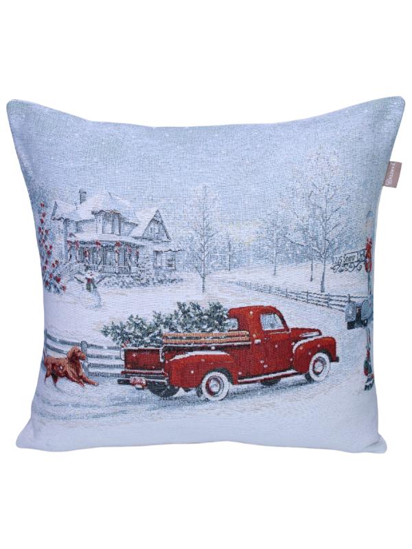 BELIEVE VİNTAGE KIRMIZI KAMYONET KAR MANZARASI JAKARLI DOKUMA GOBLEN DEKORATİF YILBAŞI SİMLİ 45*45 KIRLENT