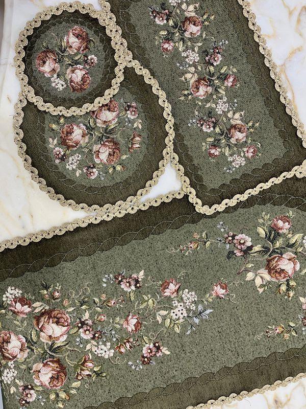 BELIEVE ZARİFE JAKARLI DOKUMA GOBLEN  DEKORATİF ÇAY SETİ KOYU YEŞİL